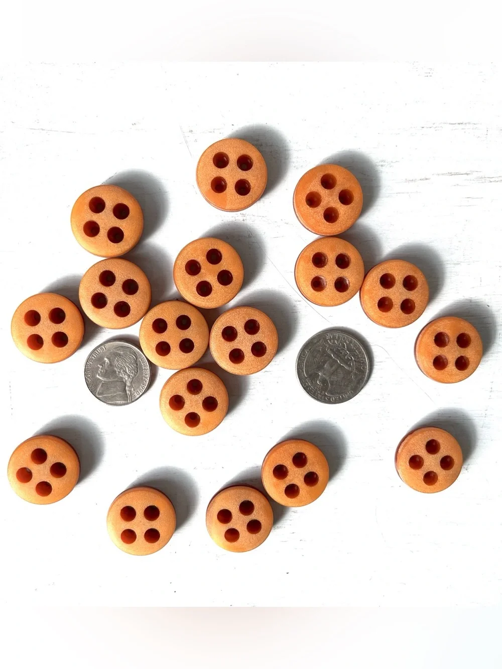 17 Unusual Vintage Sanded Round Plastic 4 hole Buttons w Groove Pumpkin Orange